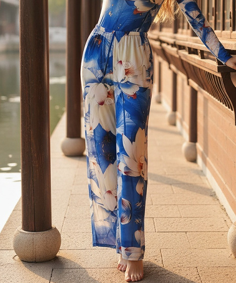 Womens Long Sleeve Printed Mesh Swimsuit with Pants 2 Piece Beach Bathing Suit